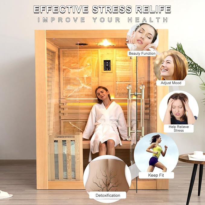 Smartmak Wood Home Steam Sauna, Customized WiFi Control 1-6 Person Canadian Hemlock/Red Cedar Traditional Luxurious Wooden Indoor Spa Room, Heating Stove, Speaker, Rocks, Water Bucket, Lights, 194℉