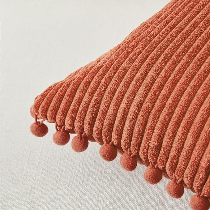 Fancy Homi 2 Pack Burnt Orange Lumbar Decorative Throw Pillow Covers 12x24 Inch with Pom-poms for Couch Bedroom Sofa, Soft Corduroy Rectangle Cushion Case 30x60 cm, Farmhouse Boho Fall Home Decor