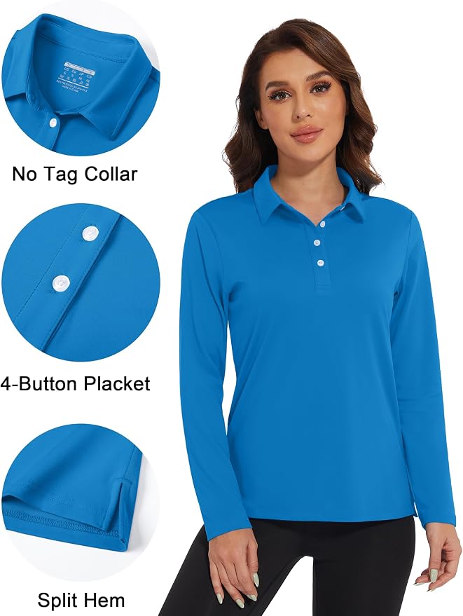 MAGCOMSEN Long Sleeve Polo Shirts for Women Golf Tops with Collar Work | UPF 50+ Sun Protection, 4 Buttons, Moisture Wicking, Breathable, 4-Way Stretch, Collared, Quick Dry, Active, Casual, Tennis