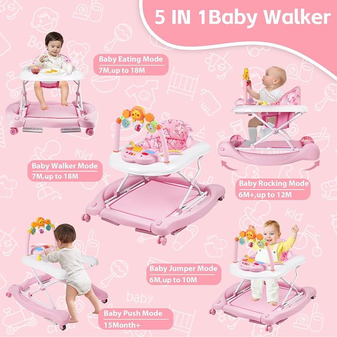 Baby Walker, 5 in 1 Baby Walkers for Boys Girls 6-12 Months, Foldable Walkers for Babies with Bouncer & Feeding Tray, Music, Adjustable Heights, Activity Walker for Infant