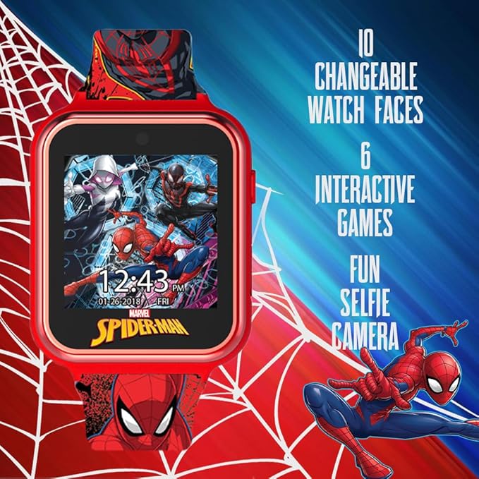 Spider-Man Kids Smartwatch - Interactive LED Screen with 10 Custom Watch Faces, Camera, Games, Alarm, Step Tracker & More - Fun Gift for Boys with Marvel Silicone Strap - Fits Wrists 5.5'' to 8.0"