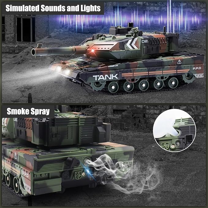 RC Tank That Shoots for Kids - 2.4Ghz Remote Control Army Tank Toys with Auto Demo Sound Light Smoke - 13 Channel Military Vehicles Model Gift for Adults Boys Age 6-8 9-12, Army Beige, Army Green