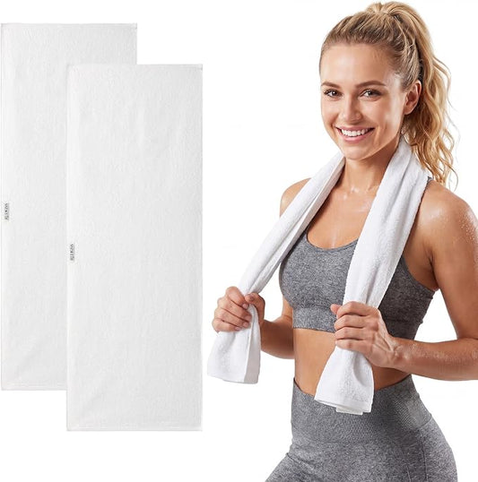 REDKISS 2 Pack Cotton Workout Towels, 43" x 16" Super Absorbent Soft Gym Towels for Men & Women, Large Sweat Sports Towel for Yoga Running Swimming Travel Camping - White