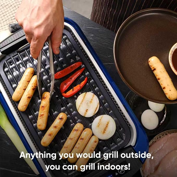 Indoor Grill CUSIMAX Electric Smokeless Grill Portable Korean BBQ, Blue | with Turbo Smoke Extractor Technology, Adjustable Temperature, Non-stick Removable Plate, Tempered Glass Lid, Great for Party