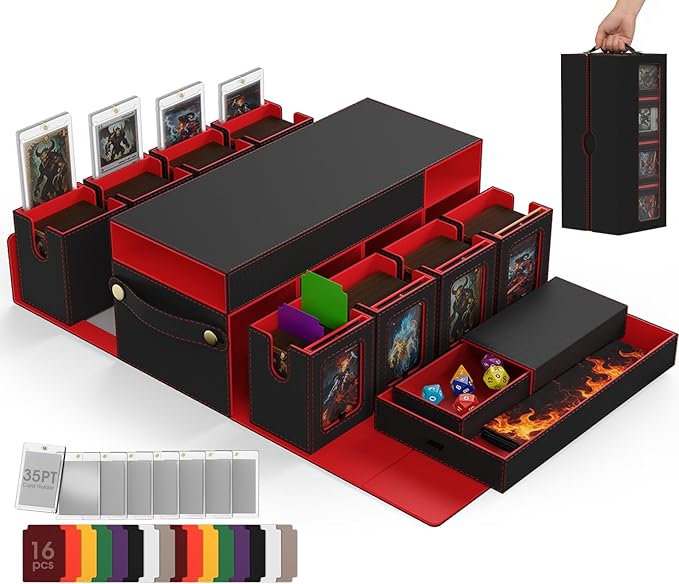 Cortile Commander Deck Box for MTG, 10 IN 1 Card Deck Box with 8-Deck Modular Card Case and 2 Dice Trays Holds 1040+ Double-sleeved Cards, Removable MTG Deck Box with Handle for TCG/EDH, Black Red