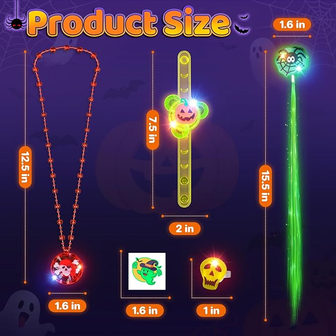 Halloween Party Favors for Kids, 72 Light Up Rings Necklaces Temporary Tattoos Rotating Bracelets Hair Lights, Halloween Trick or Treat Toys Gifts, Goodie Bag Stuffers, Halloween Toys Prizes Bulk