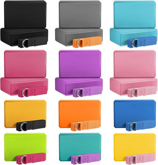 36 Pcs Yoga Blocks and Strap Set - 18 EVA Foam Yoga Blocks 9"x6"x3" with 18 Adjustable 6 ft Straps, Non Slip Props for Yoga Pilates Meditation Workout