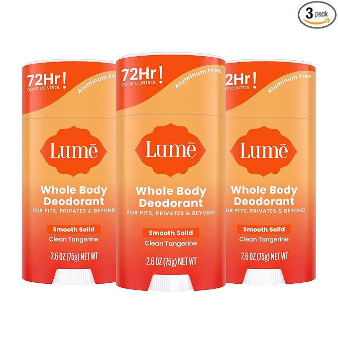 Lume Whole Body Deodorant - Smooth Solid Stick - 72 Hour Odor Control - Aluminum Free, Baking Soda Free and Skin Loving - 2.6 Ounce (Pack of 3) (Clean Tangerine)