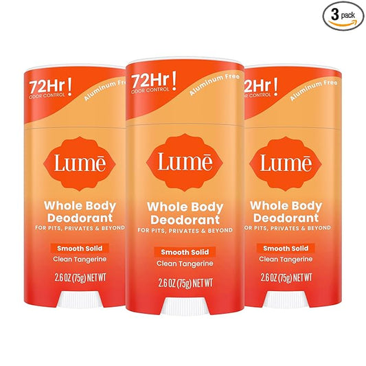 Lume Whole Body Deodorant - Smooth Solid Stick - 72 Hour Odor Control - Aluminum Free, Baking Soda Free and Skin Loving - 2.6 Ounce (Pack of 3) (Clean Tangerine)