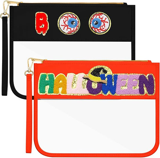 Remerry 2 Pcs Halloween Christmas Chenille Letter Clear Pouch Candy Treat Snack Goodie Bag PVC Makeup Cosmetic Bag Waterproof Preppy Purse Gifts for Women Girls (Spooky Eye & Halloween Witch Hat Set)