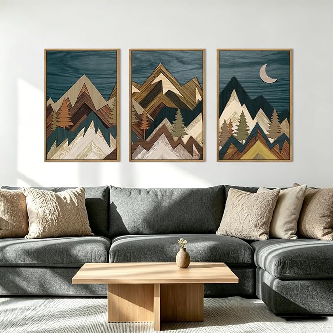 BINCUE Extra Large Mountain Wall Art Set of 3 Moon Froest Wall Decor Nature Landscape Art Print for Living Room Bedroom Office 24x36 Inches