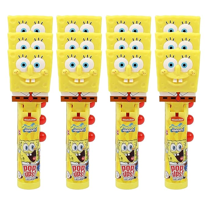 Pop Ups! Spongebob Squarepants Lollipop Holder | Collectable Spongebob Lollipop Case | Stocking Stuffers, Party Favors for Goodie Bags, Piñata Candy, Game Prizes | Bulk Set of 12 | Lollipops Included