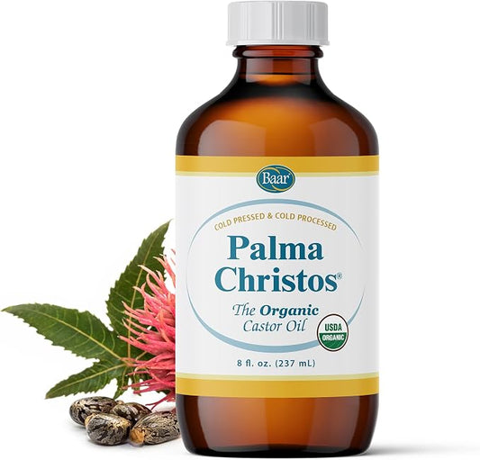 Baar Palma Christos Organic Castor Oil, Cold-Pressed, Hexane-Free, USDA Certified, for Skin, Hair, Massage & Castor Oil Packs, Glass Amber Bottle, 8 oz.