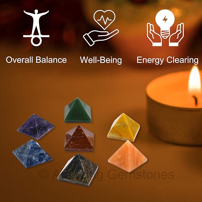 Amazing Gemstone 7 Chakra Pyramid Set for Reiki Healing Crystal with Engraved Reiki Symbols - Energy Balancing Polished Chakra Set with Velvet Pouch