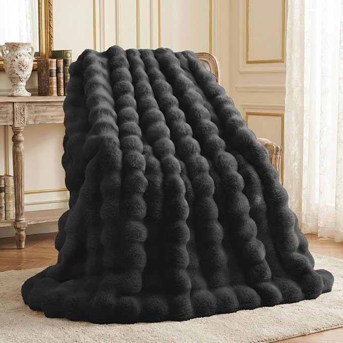 L'AGRATY Faux Rabbit Fur Throw Blanket for Couch, 60'' x 80'', Black | Soft Cozy Bubble Fluffy Blanket for Sofa Bed, Thick Warm Plush Fuzzy Throw for Room Home Decor, Luxury Gift for Women Mom