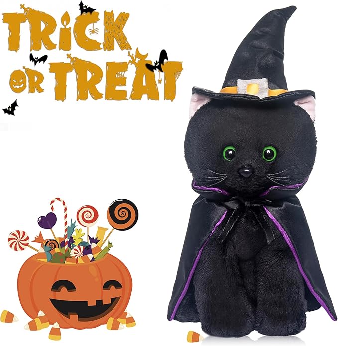 My OLi Halloween Black Cat Plush Toy - Soft Stuffed Black Cat with Witch Hat and Cloak - Spooky Halloween Party Decoration & Stuffed Animal Gift for Kids Toddlers