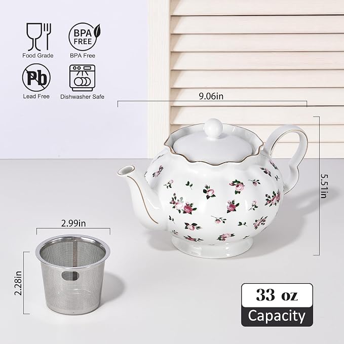 Floral Teapot with Infuser, 33oz, Ceramic Tea Pot with Tea Strainers for Loose Leaf Tea, Rose Teapots for Tea Party, New Bone Porcelain Teapot