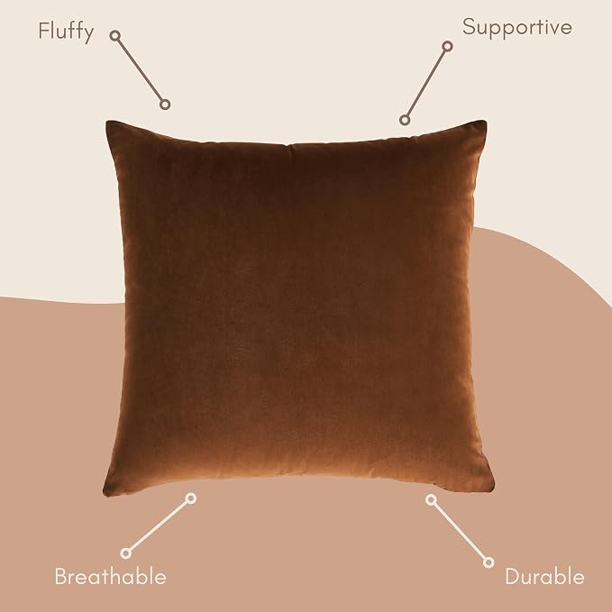 Solid Color Velvet Throw Pillow with Insert Included (Brown, 22"x22"), Decorative Pillow for Sofa, Couch, Bed, Chair Cushion