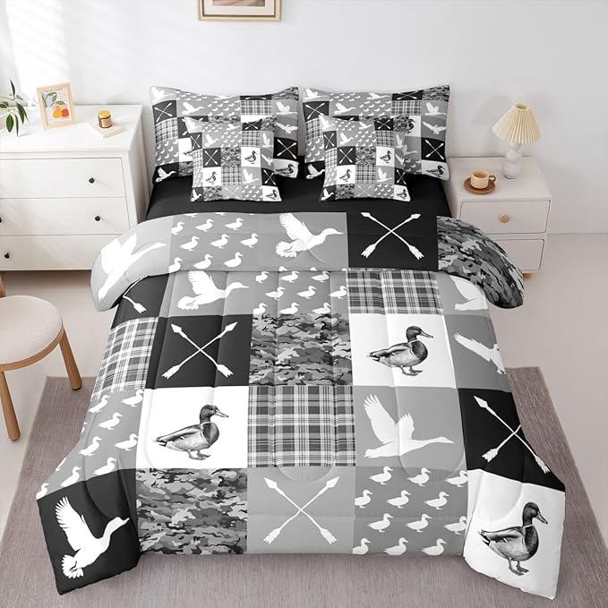 Feelyou Grey Hunting Camo Comforter Set with Sheets 7 Piece Full Size Camouflage Duck Bedding Set for Kids Boys Girls Wild Animal Hunter Bed in a Bag Room Decor Soft Lightweight Microfiber