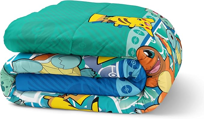 Northwest Pokemon First Starters Twin Size Bed in a Bag Set, Pikachu Charmander Squirtle Bulbasaur, Kids Boys Girls Bedding Comforter Sheets