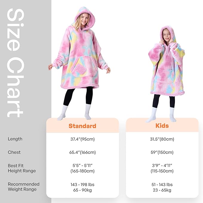 Giggling Getup Wearable Blanket Hoodie for Girls and Boys Warm Cozy Sherpa Fleece Hooded Blanket Sweatshirt Oversized Hoodie with Giant Pocket & Sleeves for Kids Cotton Candy Tie Dye