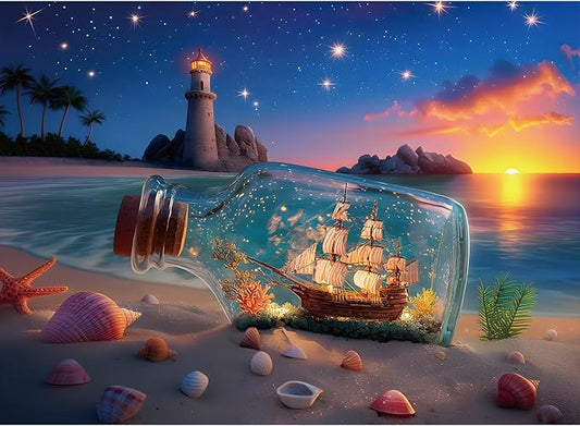 Puzzles for Adults 500 Pieces, Lighthouse Jigsaw Puzzles - Bottle of Stars, Impossible Beach Sailboat Puzzle for Seniors Families, 20.47x14.96 Inches, 1:1 Poster, Letter On The Back