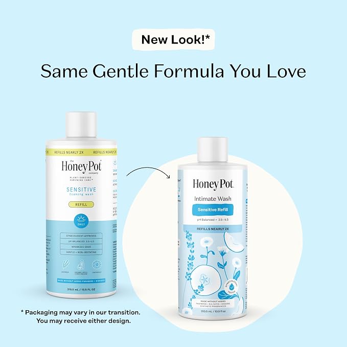 The Honey Pot Company - Feminine Wash - Sensitive Refill - pH Balanced, Herbal Infused Plant-Based Feminine Care for Sensitive Skin - Daily Intimate Cleanser for Women - 10.50 Fl Oz