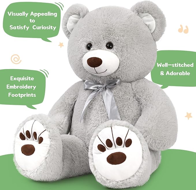 MorisMos Giant Stuffed Animal, 36in Big Gray Teddy Bear for Baby Shower, Life Size Plush for Kids, Girlfriend, Birthday, Valentines