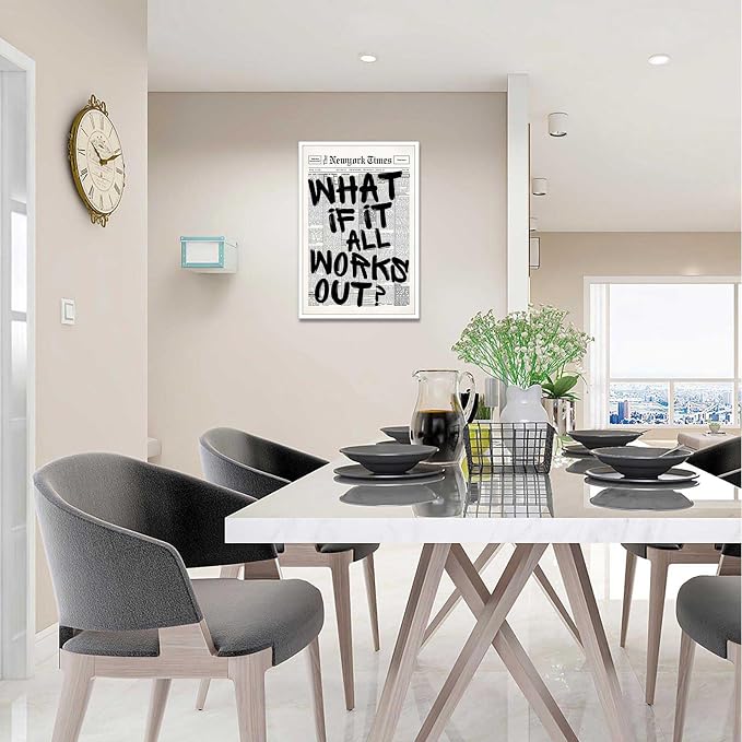 Retro Black And White Newspaper Poster What If It All Works Out Canvas Wall Art Positive Affirming Quote Minimalist Prints Painting For Home Bedroom Dorm Wall Decor 12x16in Unframed