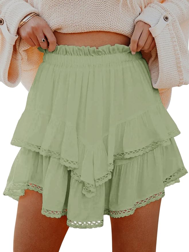 Flowy Shorts for Women Casual Boho Ruffle Tiered Skorts High Waist Mini Skirts Golf Tennis Crochet Shorts