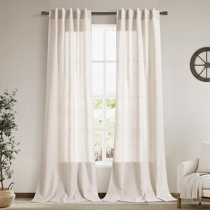Nanspring Linen 102 Inch Long Curtains for Living Room 2 Panels Back Tab Pocket Semi Sheer Light Filtering Curtains Bohemian Rustic Beige Solid Color Drapes for Sliding Glass Door Bedroom 40x102