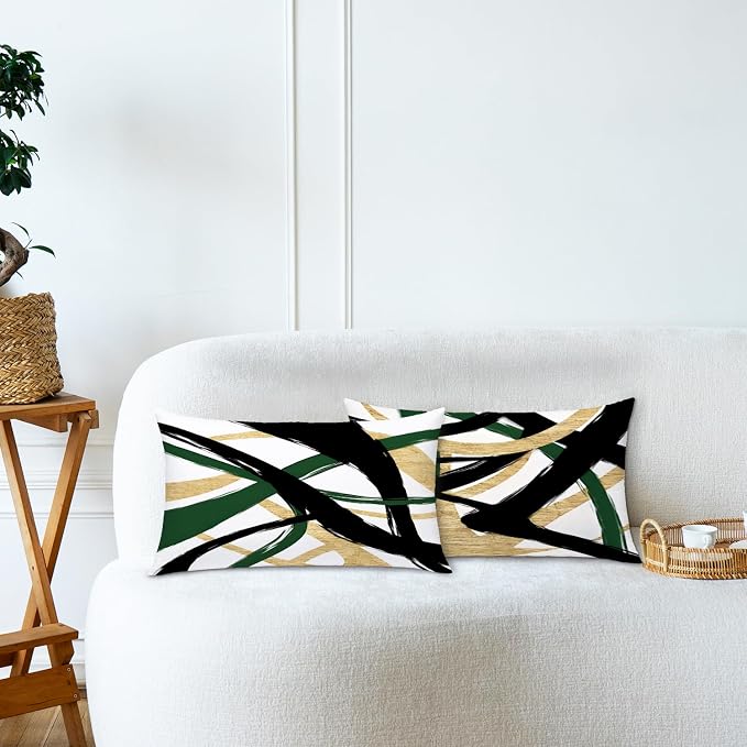 Black Gold and Green Pillow Covers, Abstract Black and Gold Pillow Covers 12x20 Set of 2, Modern Boho Decorative Throw Pillows Cover for Couch Bed Living Room