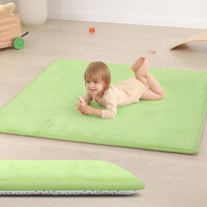 Huloo Sleep Baby Play Mat for Floor,1.3" Thick Elasti-Foam 50"×50" Playpen Mat for Tummy Time,Water Repellent Soft Coral Velvet for Toddler,Infant,Kids,Non-Slip Backing Safe for Crawling(Light Green)