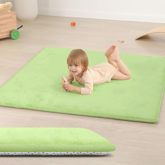 Huloo Sleep Baby Play Mat for Floor,1.3" Thick Elasti-Foam 50"×50" Playpen Mat for Tummy Time,Water Repellent Soft Coral Velvet for Toddler,Infant,Kids,Non-Slip Backing Safe for Crawling(Light Green)