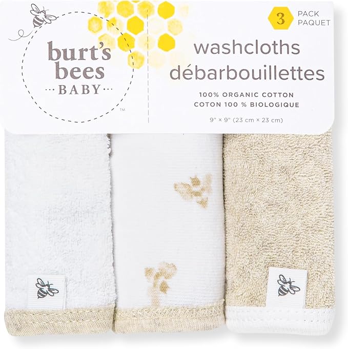 Burt's Bees Baby Washcloths for Infants, 100% Organic Cotton, Soft and Absorbent Knit Terry Face Towel, 9 x 9 in, 3-Pack
