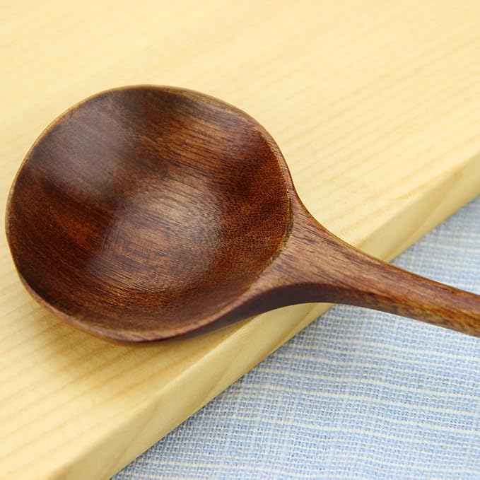Long Spoons Wooden, 5 Pcs Korean Style 10.9 inches 100% Natural Wood | Long Handle Round Spoons for Soup Mixing Stirrer Kitchen Tools Utensils