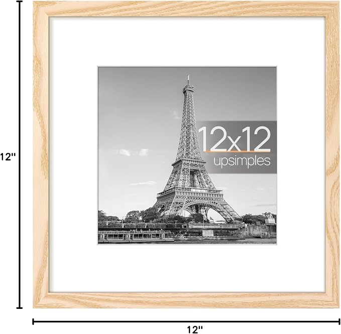 upsimples 12x12 Picture Frame, Display Pictures 8x8 with Mat or 12 x 12 Without, Wall Hanging Square Frames, Natural Style, 1 Pack