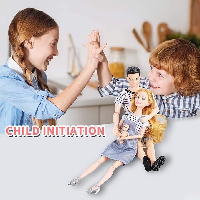 Dolls Set of 6 People with Pregnant Mom Dad 3 Kids and Baby Boy in Mommy's Tummy, Doll Playsets and Accessories for 3-12 Years Old Toddlers Gift