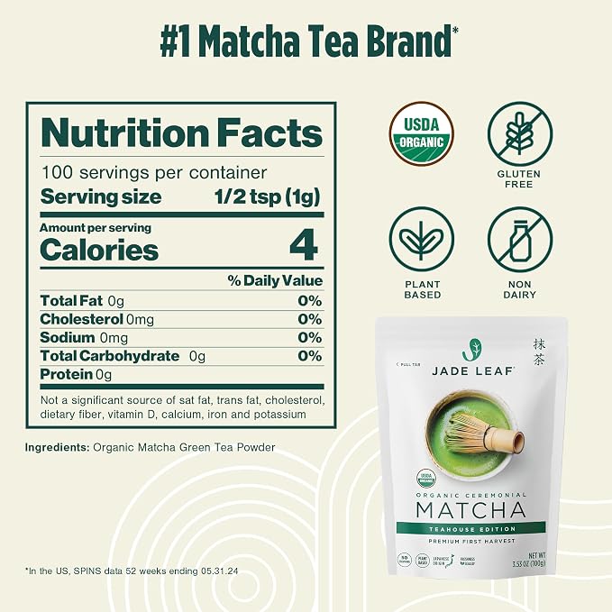 Jade Leaf Matcha Organic Ceremonial Grade Teahouse Edition Matcha Powder - 100% Pure Japanese Premium First Harvest Green Tea for Ceremonies, Usucha, Lattes 100g / 3.53 Ounce Pouch (Pack of 1)
