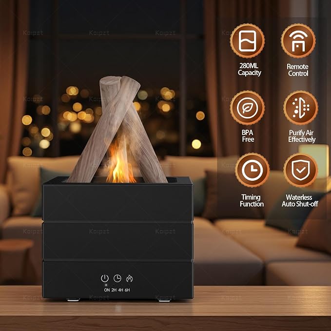 Bonfire Aromatherapy Essential Oil Diffuser, Campfire Flame Fire Diffuser with 8-Color Light, 280ml Cool Mist Humidifier for Bedroom, Home, Office, Yoga, Spa, Gift