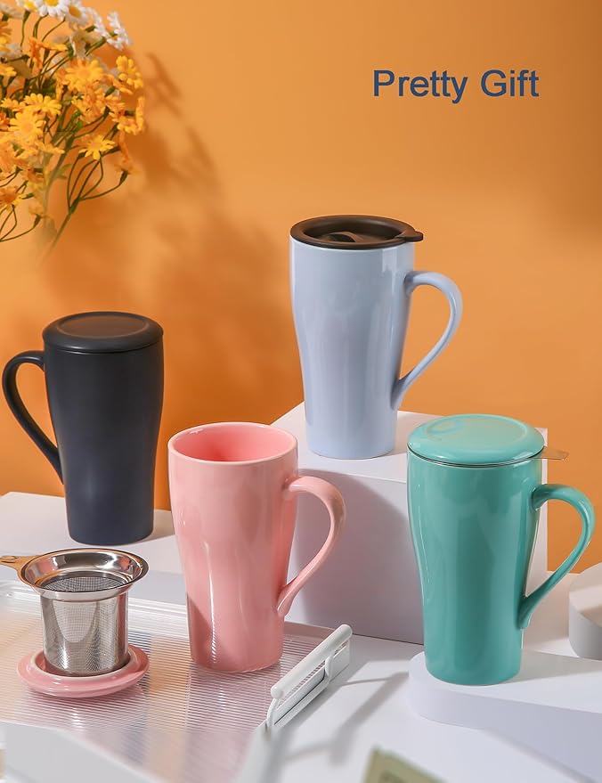 Tea Mug with Infuser and Lid, 18oz Large Tea Infuser Cup, Porcelain Tea Cup with Strainer & Silicone Lid, Tea Mug Set for Birthday, Mother's Day, Father's Day (Mint Green)