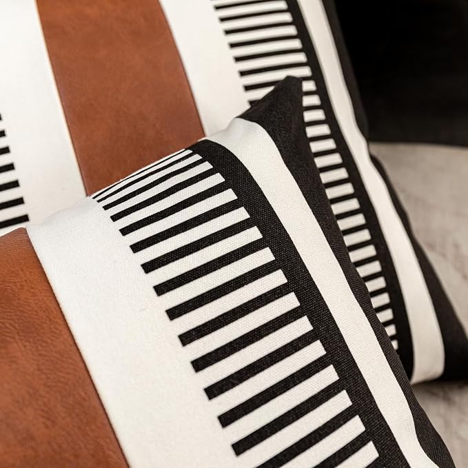 26x26 Boho Striped Pillow Cover with Faux Leather Accent, Black, 2 PC | Geometric printed cotton, vintage brown accent, black white reversible cushion case, farmhouse tribal euro sham bed decor.