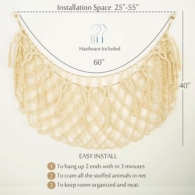 Stuffed Animal Net or Hammock XL for Flat Wall Mounted Handmade Macrame Toy Display Hanging Plush Toy Net for Stuff Animal Storage(Cream)