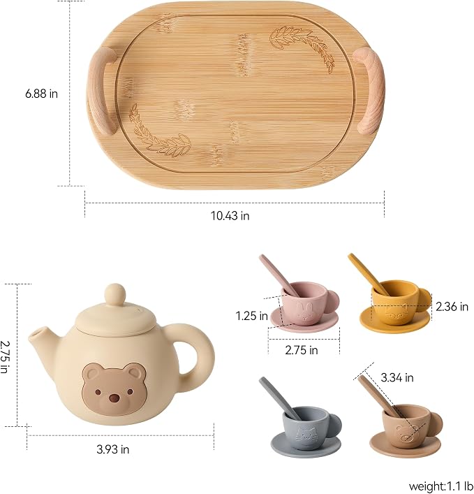 Tea Party Set for Little Girls 1-3 Kids Tea Set with Silicone Teapot Cups Coasters Carrying Scoop Wooden Tray, Kitchen Accessories Pretend Play for Girls Boys Age 3 4 5 (15 Pcs)