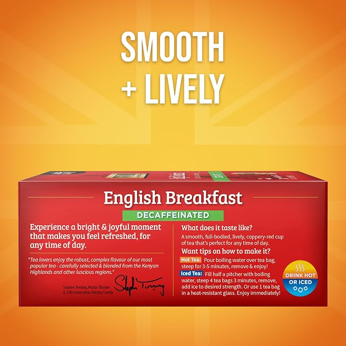 Twinings Decaffeinated English Breakfast Black Tea Individually Wrapped Bags, 100 Count (Pack of 1), Smooth, Flavourful Black Tea, Enjoy Hot or Iced, 100 Teabags