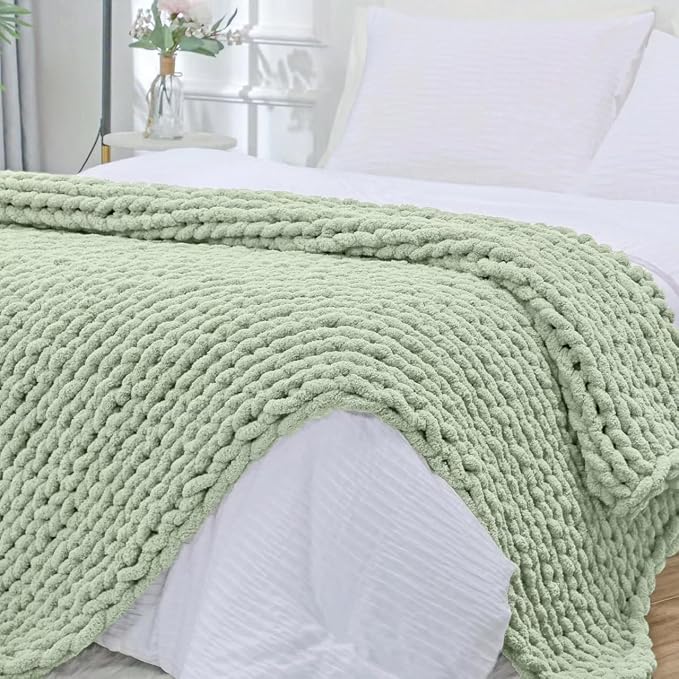 Bigacogo Chunky Knit Throw Blanket for Couch, 51x63 inches, Sage Green | Hand Knit with Jumbo Chenille, Soft Breathable Cable Knit for Sofa Bed Living Room, Machine Washable, Gift for Mom Friend