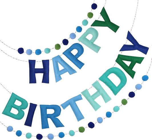 2 PCS Pre-Strung 3D Felt Happy Birthday Banner - Reusable Blue and Green Happy Birthday Decorations Sign,Handmade Wool Felt Ball Garland, Pom Pom Garland, Party Decor, Photo Prop