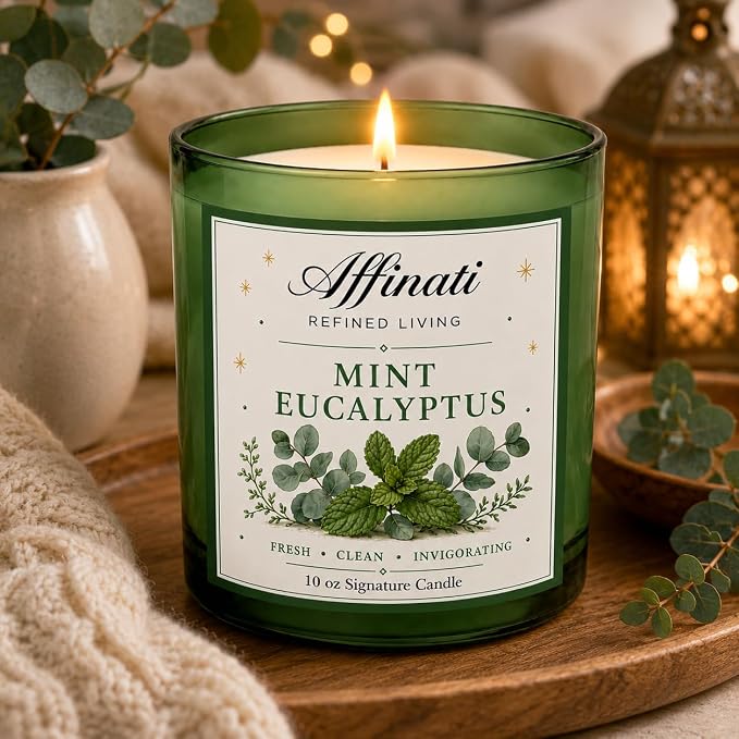 Affinati Mint Eucalyptus 10 oz Scented Candle – Long Lasting Luxury Soy Blend Candle, Strong Scent Throw Fresh Herbal Aromatherapy Candles for Home, Clean Burning Room Odor Eliminator Gift