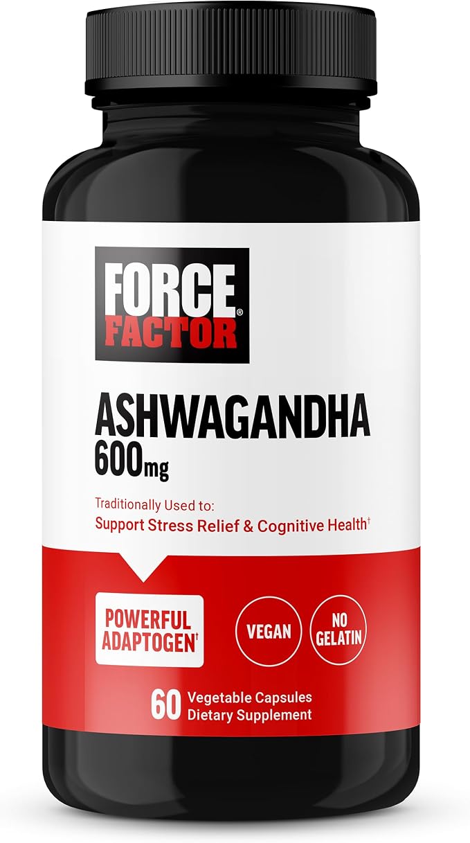 Force Factor Ashwagandha Supplements Made with Premium Vegan Ashwagandha Powder, Adaptogens to Support Stress and Cognitive Health, No Gelatin, Non-GMO, 60 Capsules