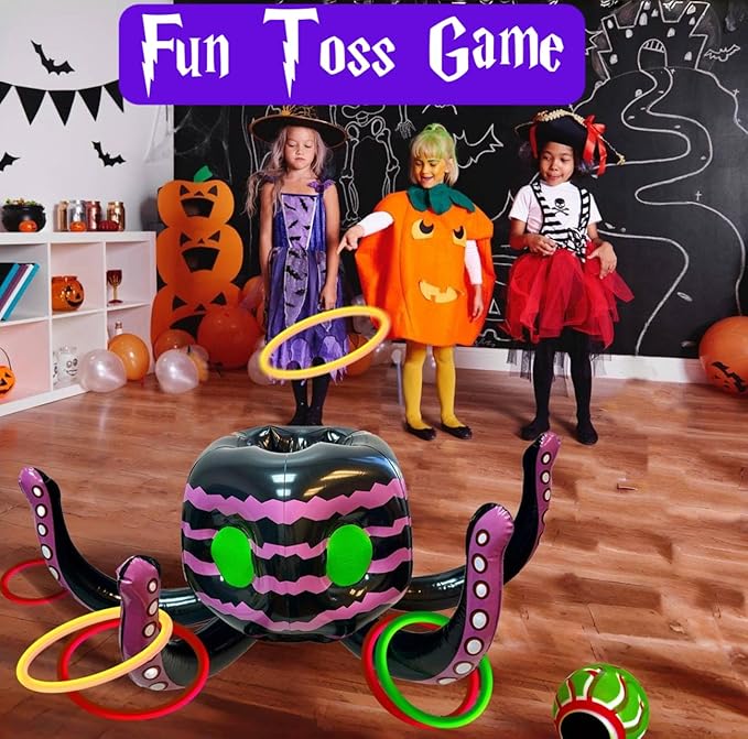GIFTEXPRESS Halloween Ring Toss Game and Decor 4-in-1 – Trunk of Treat Inflatable Octopus Sea Creature Candy Bowl, Cooler, Basketball Hoop & Pool Toy, Indoor/Outdoor Party Game for Kids & Adults
